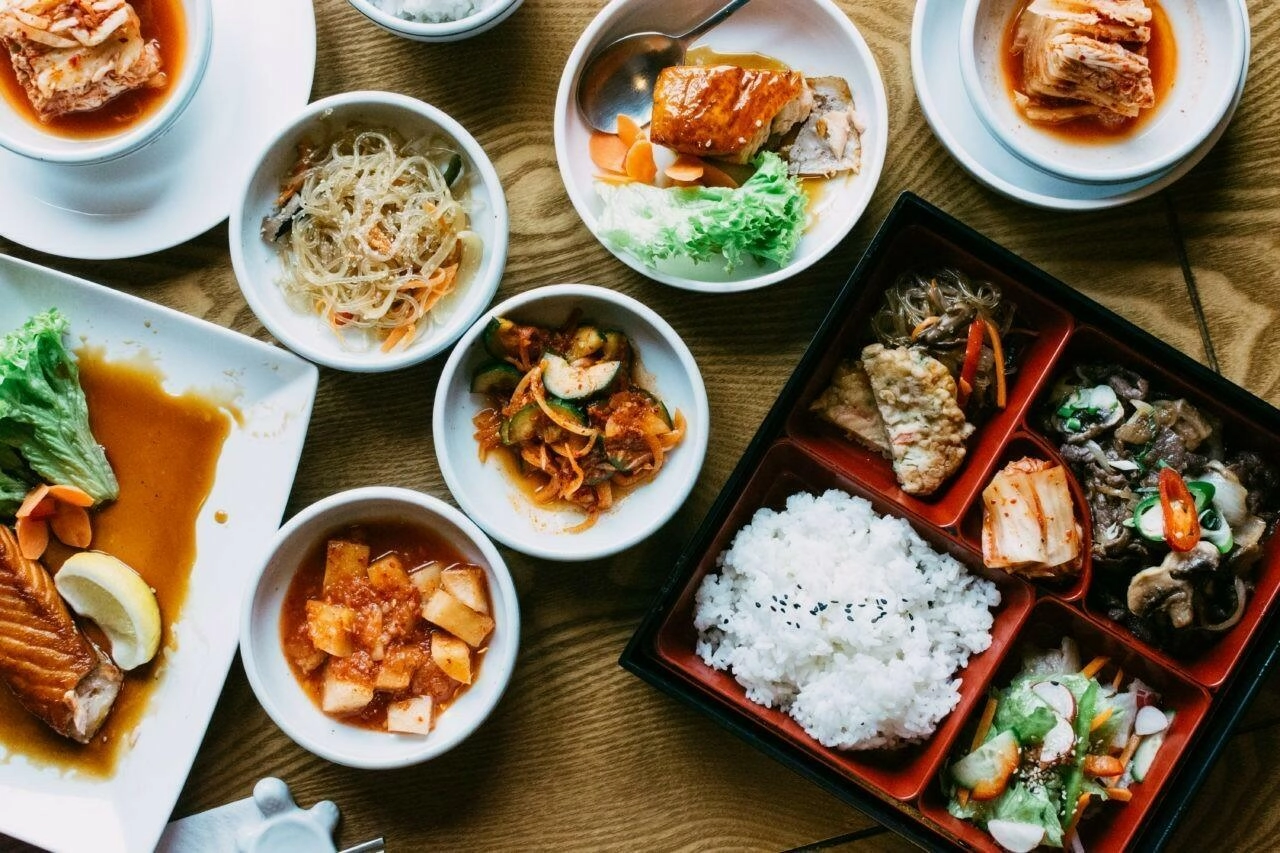 Beautiful vibrant shot of traiditonal Korean meals